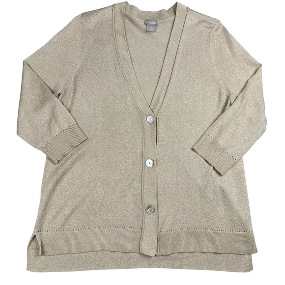 Chico's Sweaters - Chico's Gold Metallic Knit Cardigan V-Neck Button Front 3/4 Sleeve Size 2 Large